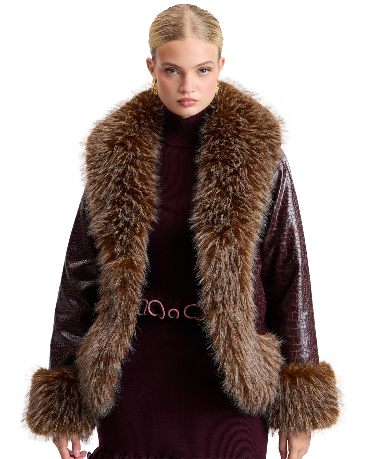 Avec Les Filles Women's Cocoon Shawl Collar Faux Fur Trim Short Jacket - Bordeaux