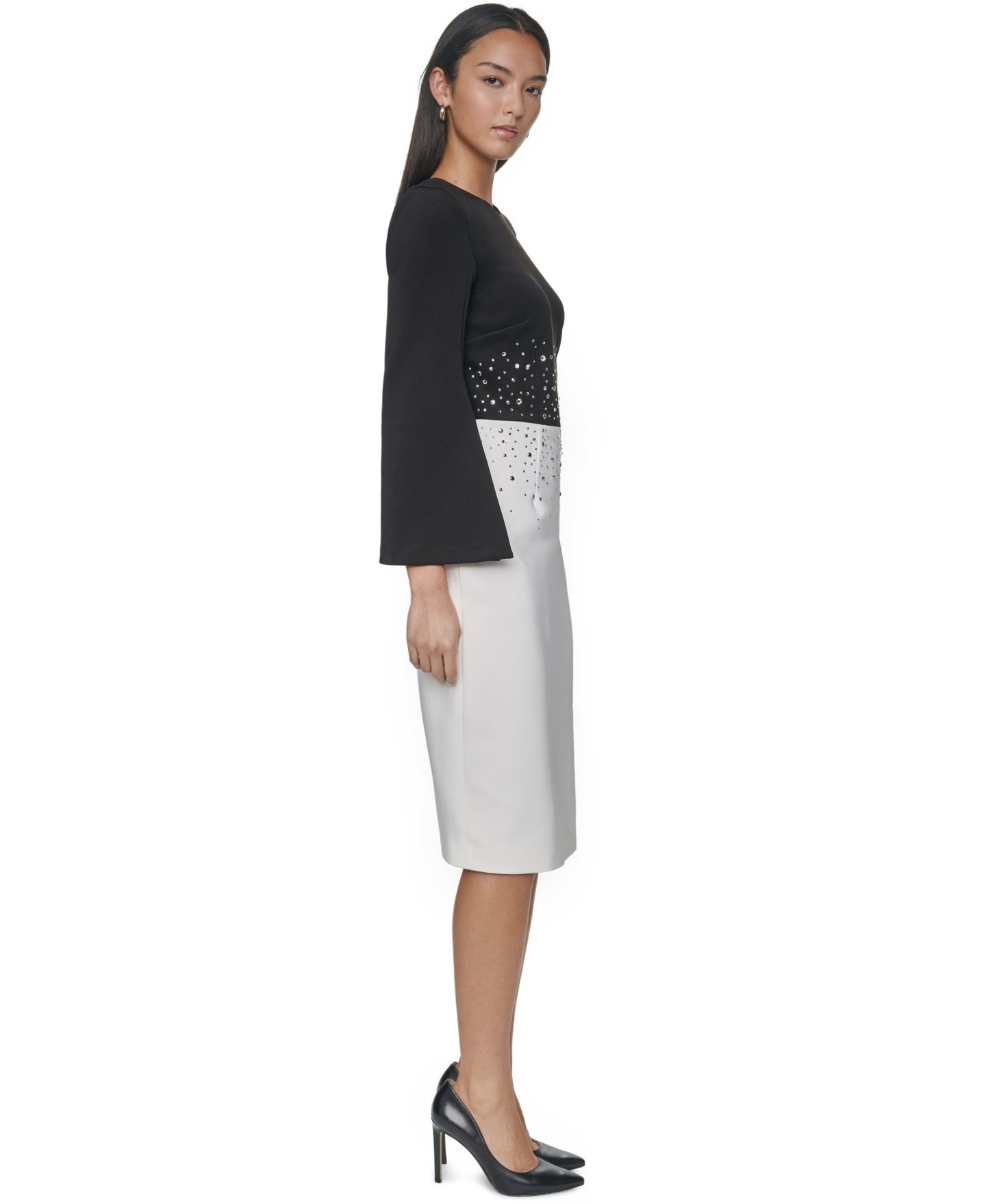 Женское платье Calvin Klein Colorblock Rhinestone Bell-Sleeve Midi, цвет: Чёрный / Кремовый — фото 2