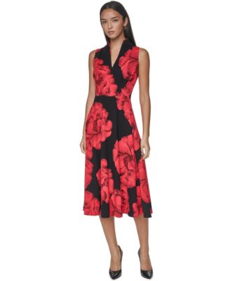 Petite Floral-Print A-Line Split-Neck Midi Dress