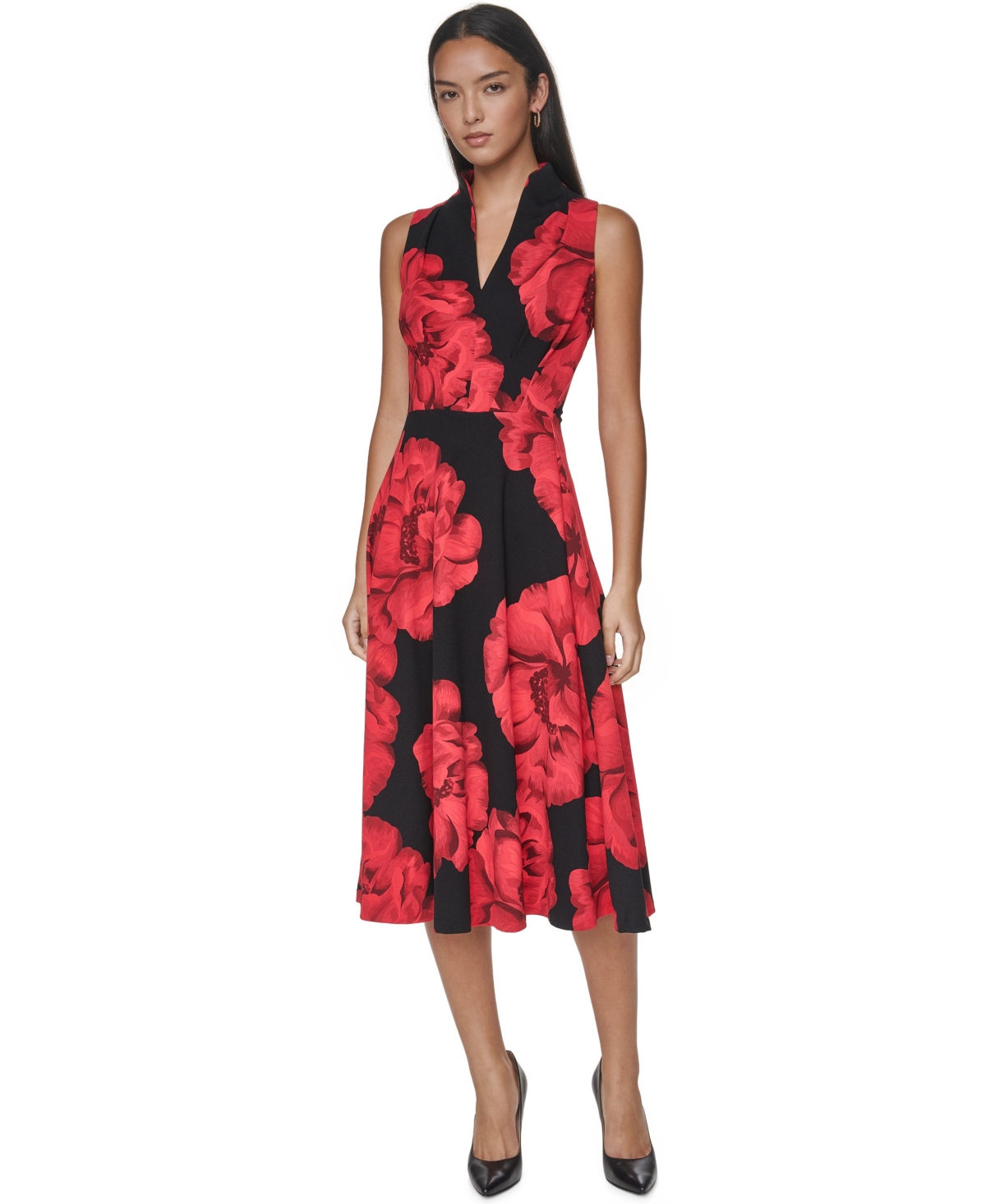 Calvin Klein Petite Floral-Print A-Line Split-Neck Midi Dress