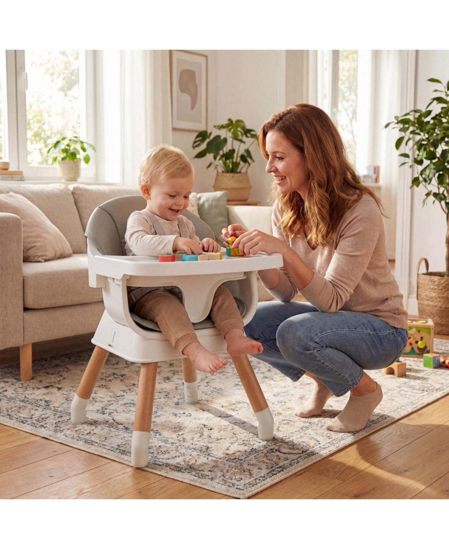 Convertible Wipe Clean Wooden Beech Legs High Chair