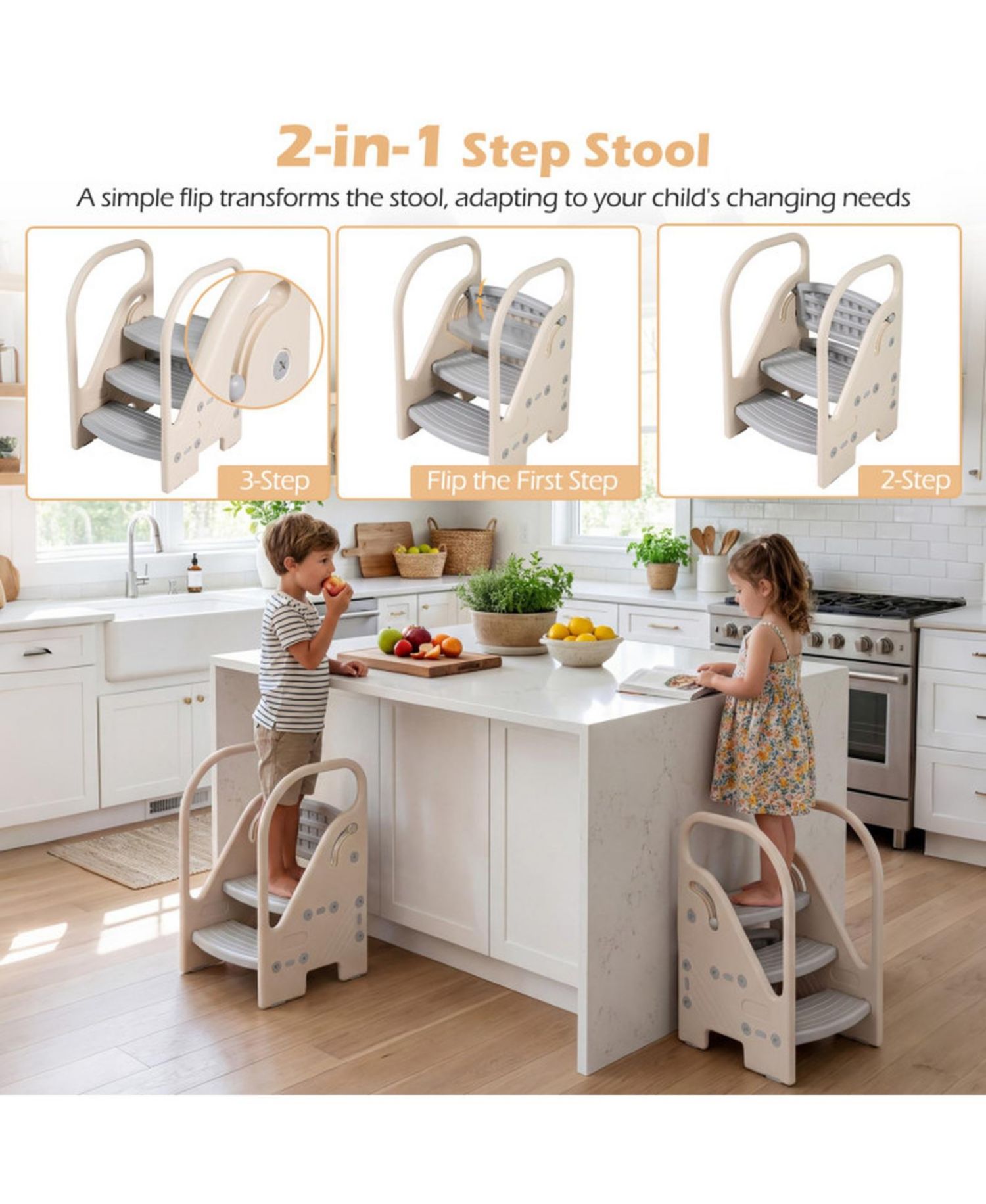 Adjustable 3-Step Kids Helper Stool with Safety Handles
