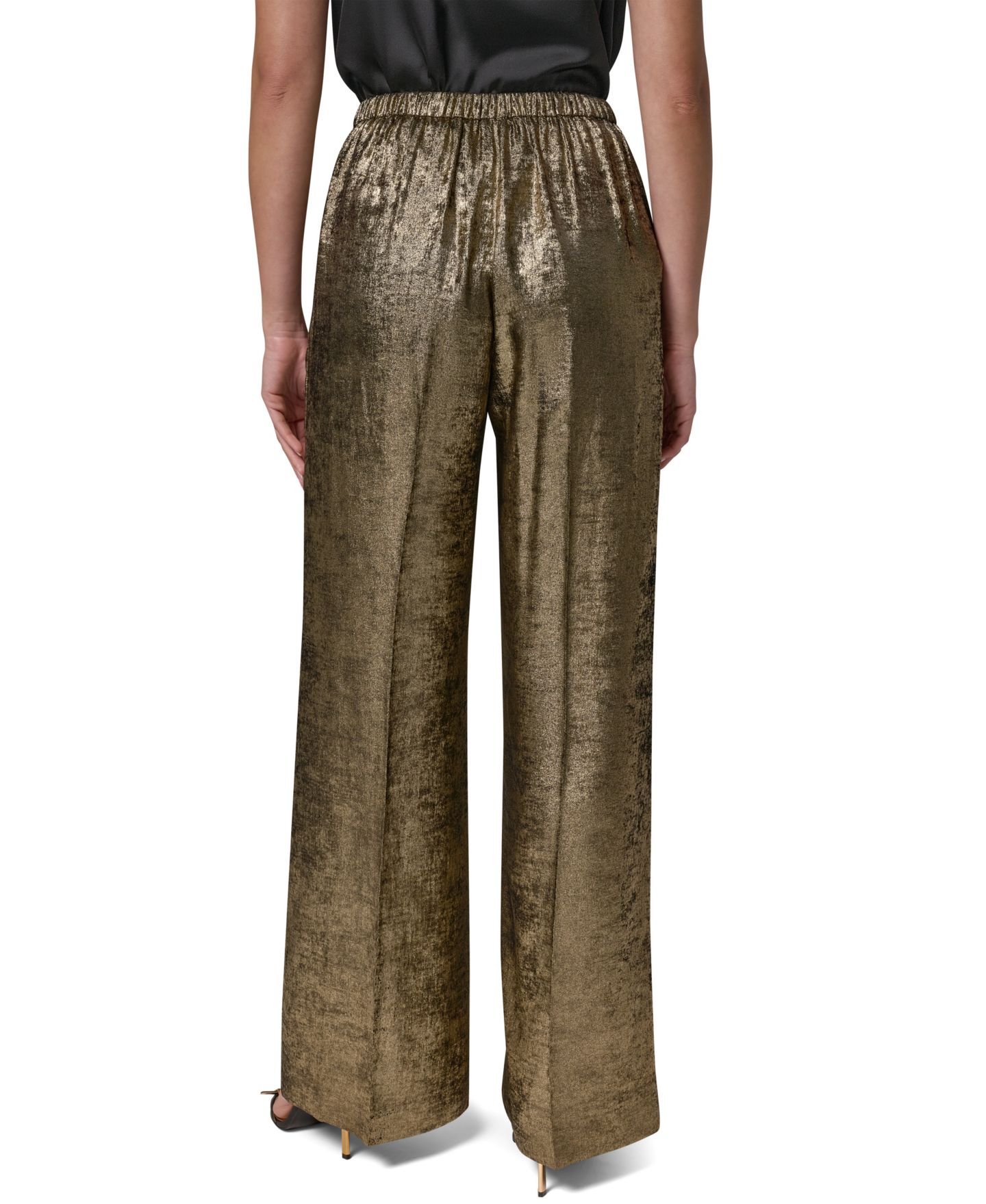 Женские широкие металлизированные брюки Donna Karan New York Petite без застёжки, цвет: Золотой — фото 7