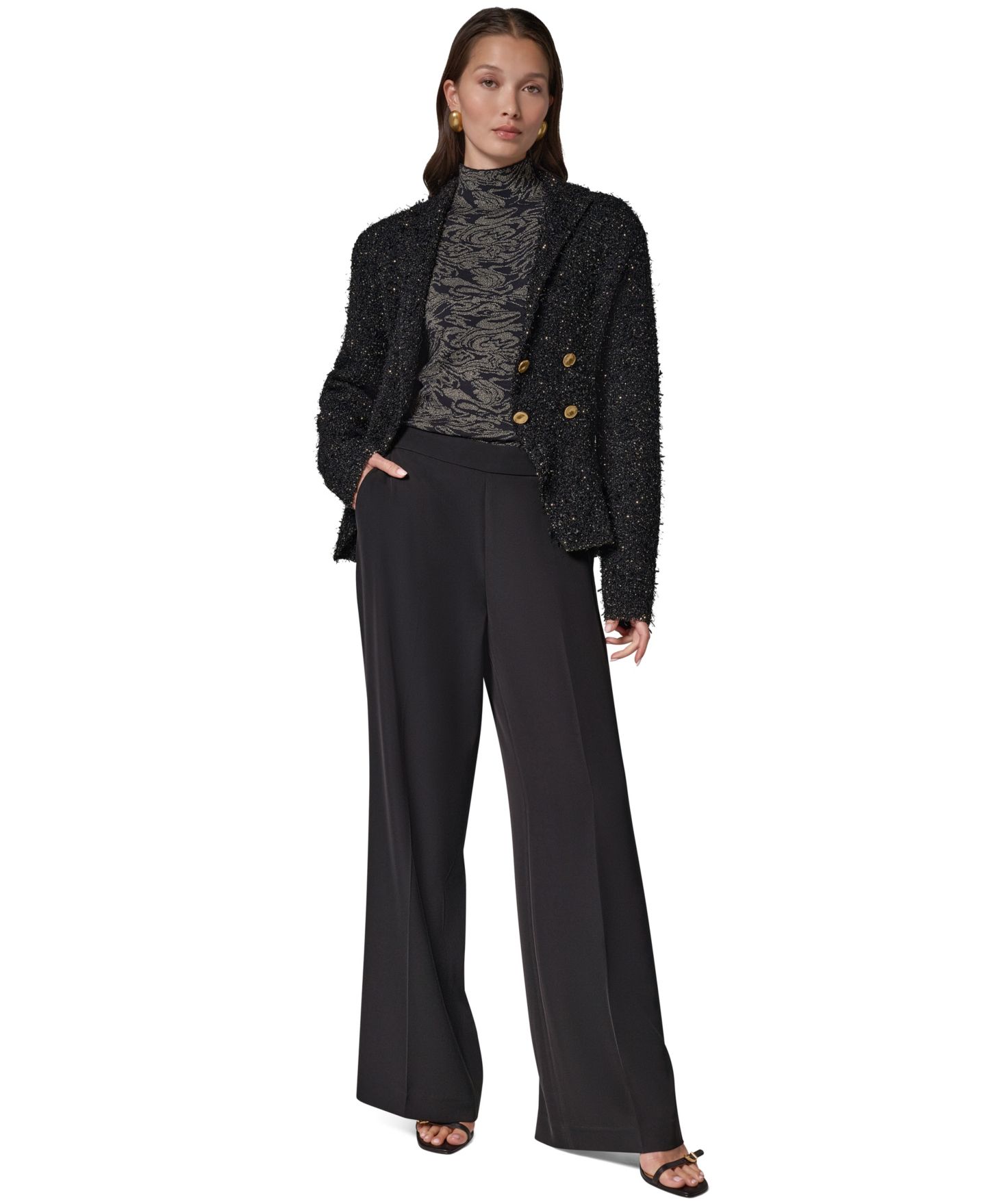 Женский двубортный блейзер Donna Karan New York для невысоких с подплечниками, цвет: Чёрный разноцветный — фото 2