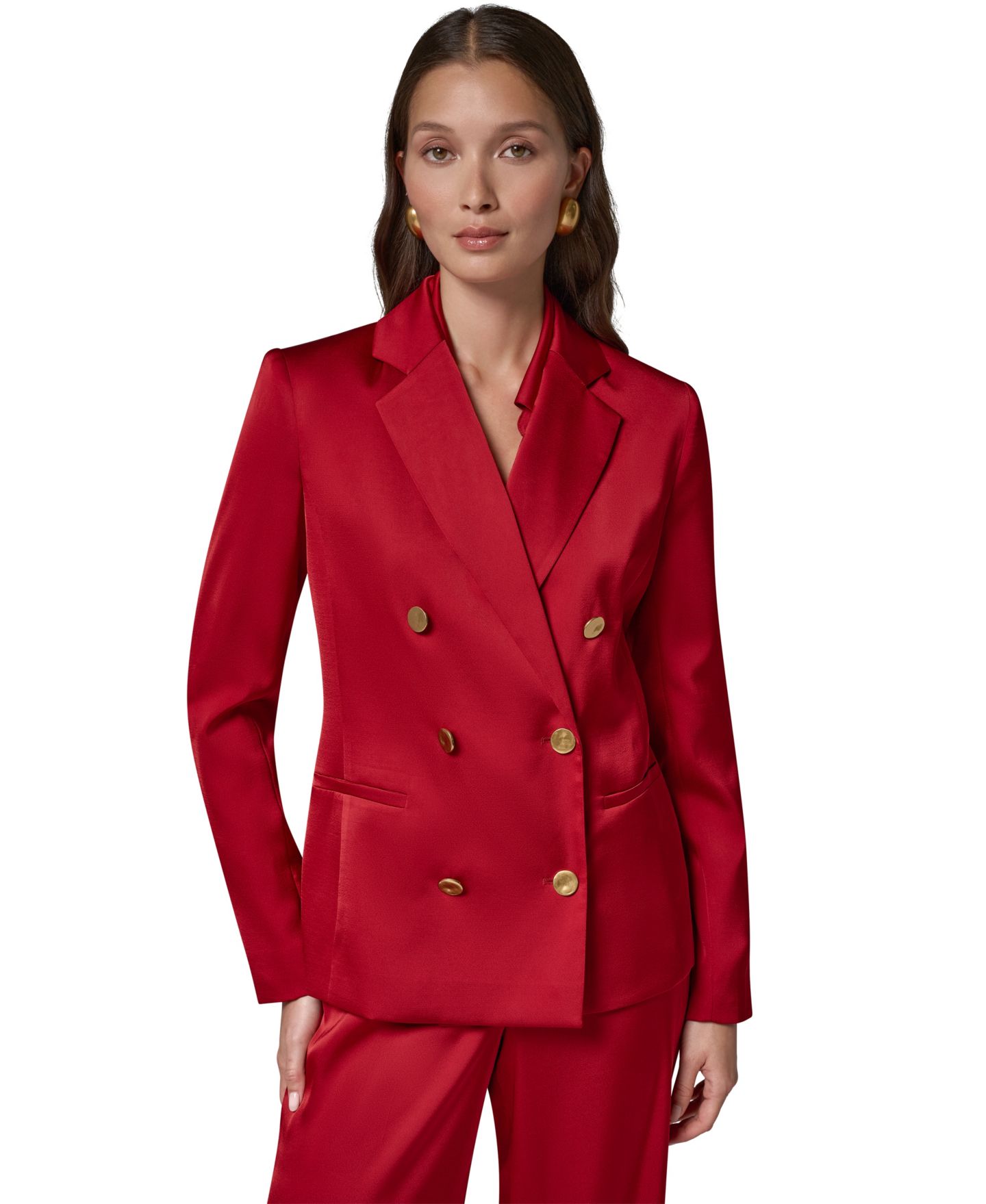 Женский двубортный атласный блейзер Donna Karan New York с плечевыми накладками, цвет: Красный бархатный — фото 19
