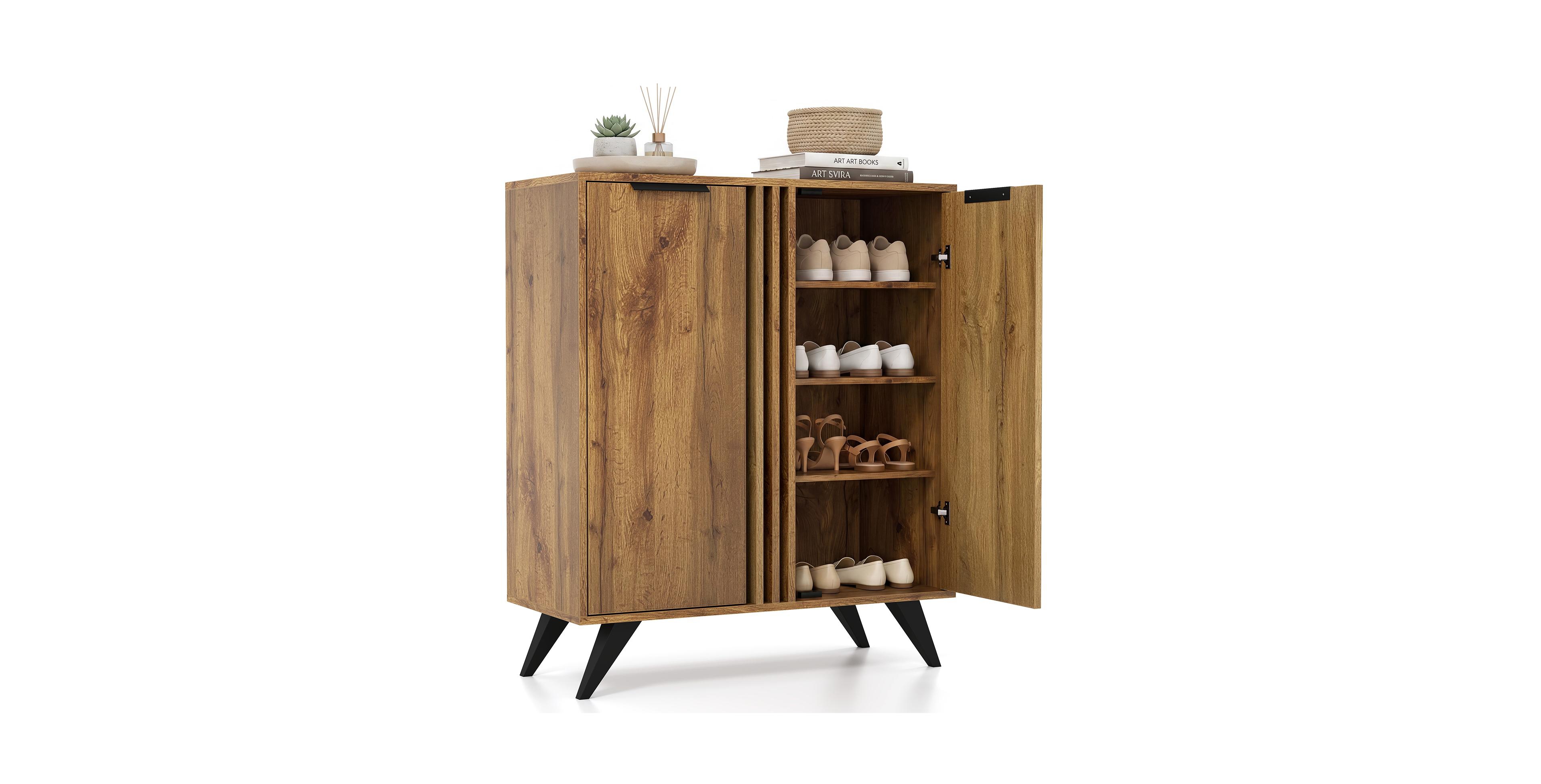 Costway Modern Shoe Cabinet, 4-Tier Wooden Shoe Storage Cabinet with 2 Doors
