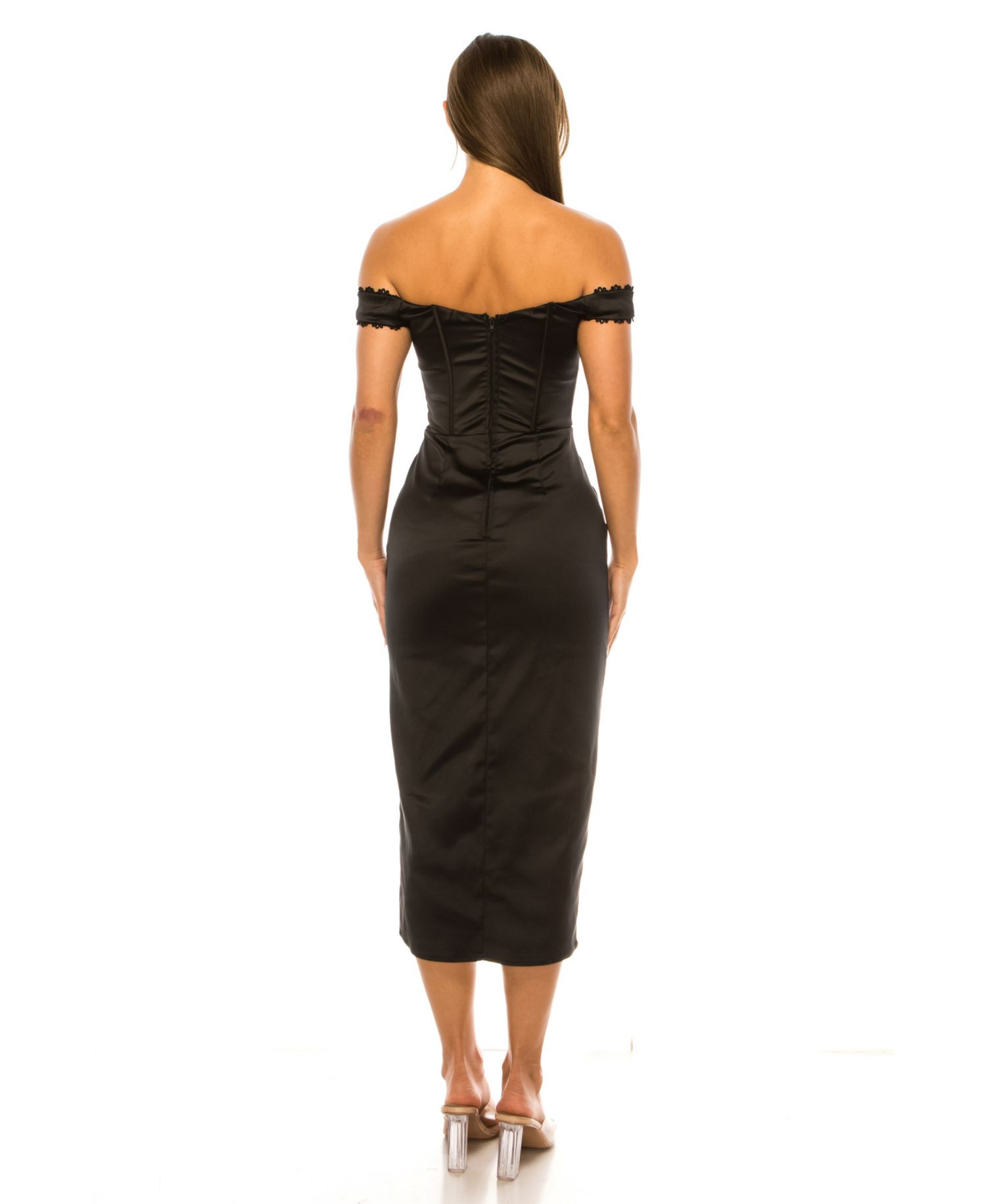 Juniors' Off-the-Shoulder Satin Corset-Style Midi Dress