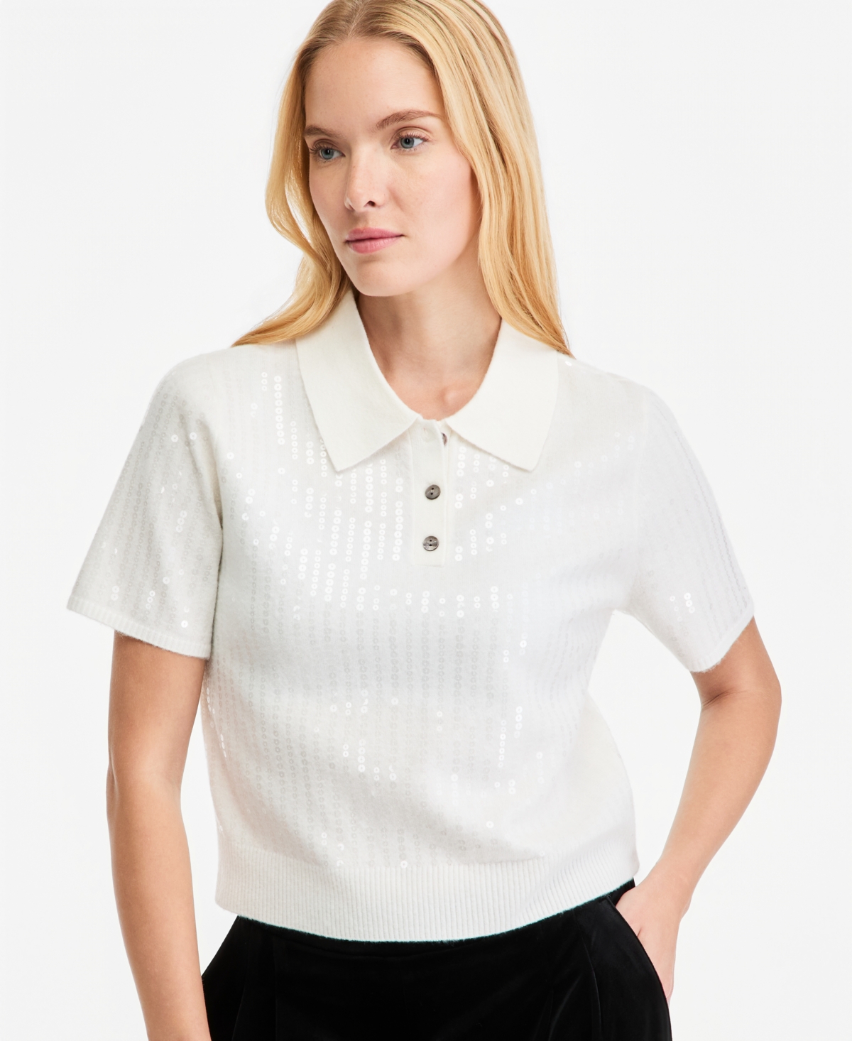 On 34th Women's Short Sleeve Sequin Polo Sweater, Macy's Exclusive - Winter Ivory