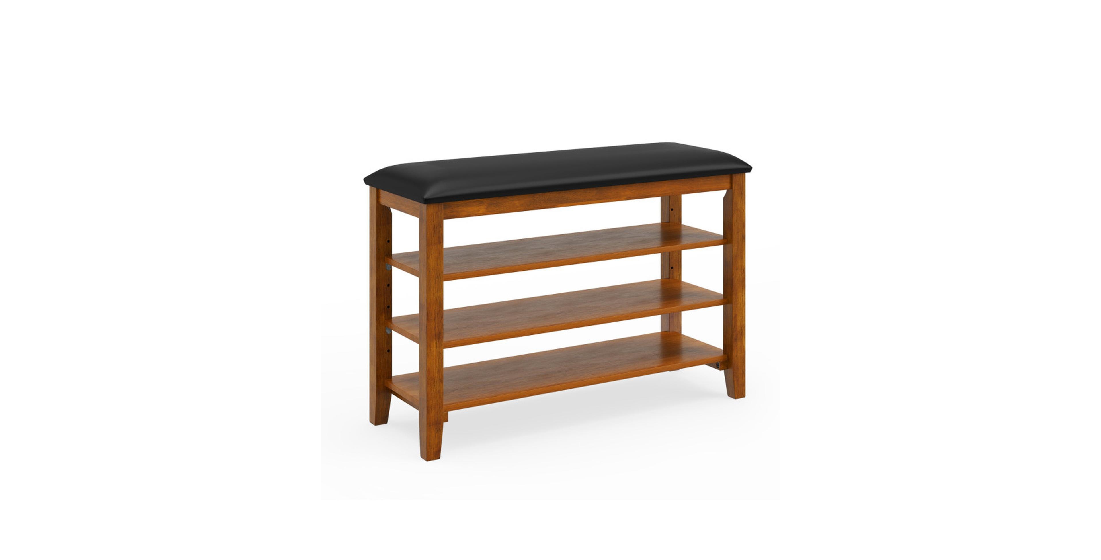 Gouun 3-Tier Rubber Wood Shoe Rack Bench with Adjustable Shelves and Cushion
