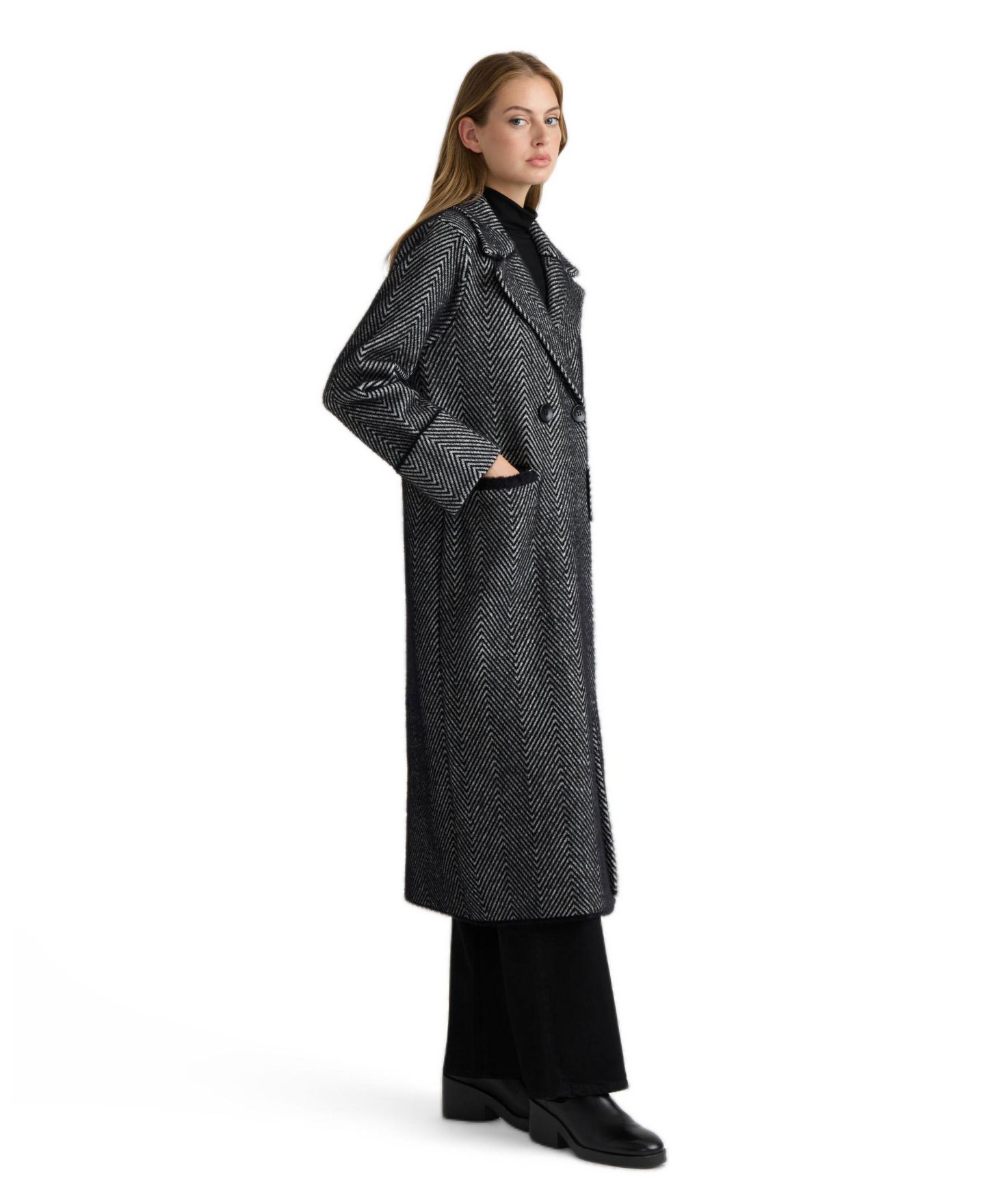 Женские куртки NVLT Eyelash Double-Breasted Notch Collar Herringbone Long Coatigan, цвет: Чёрный / Белый — фото 3