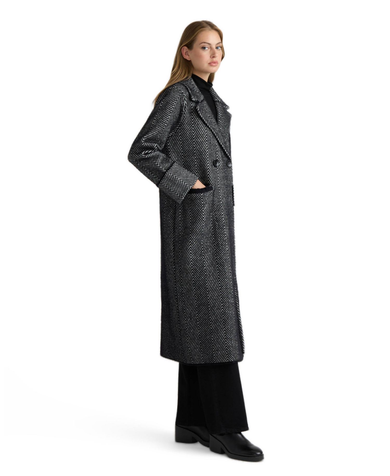 Women's Eyelash Double-Breasted Notch Collar Herringbone Long Coatigan