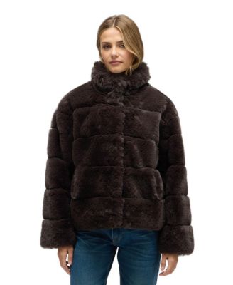 Women's Wide Stripe Faux Fur Jacket with Stand Collar