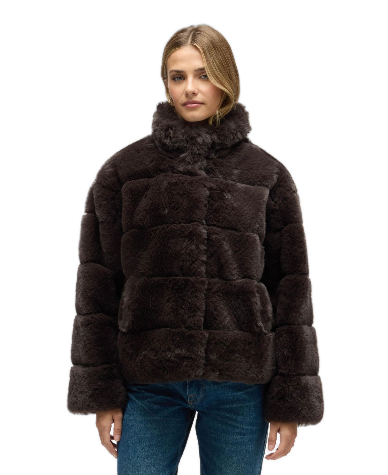 Women's Wide Stripe Faux Fur Jacket with Stand Collar