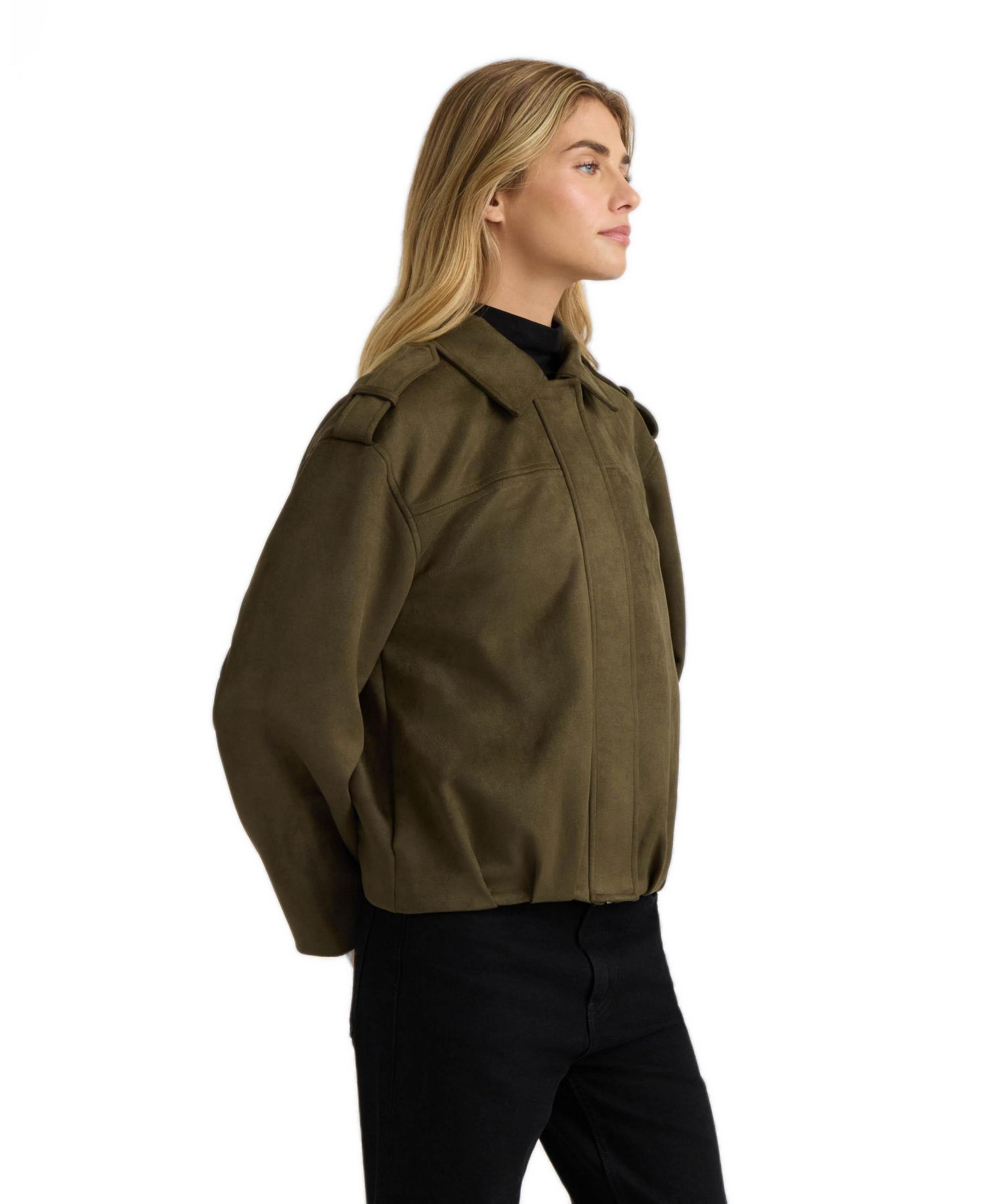 Women's Faux-Suede Pleated Shirt-Collar Bomber Jacket