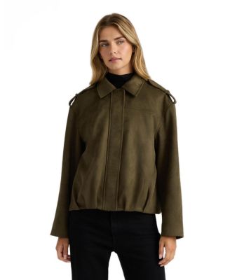 Women's Faux-Suede Pleated Shirt-Collar Bomber Jacket