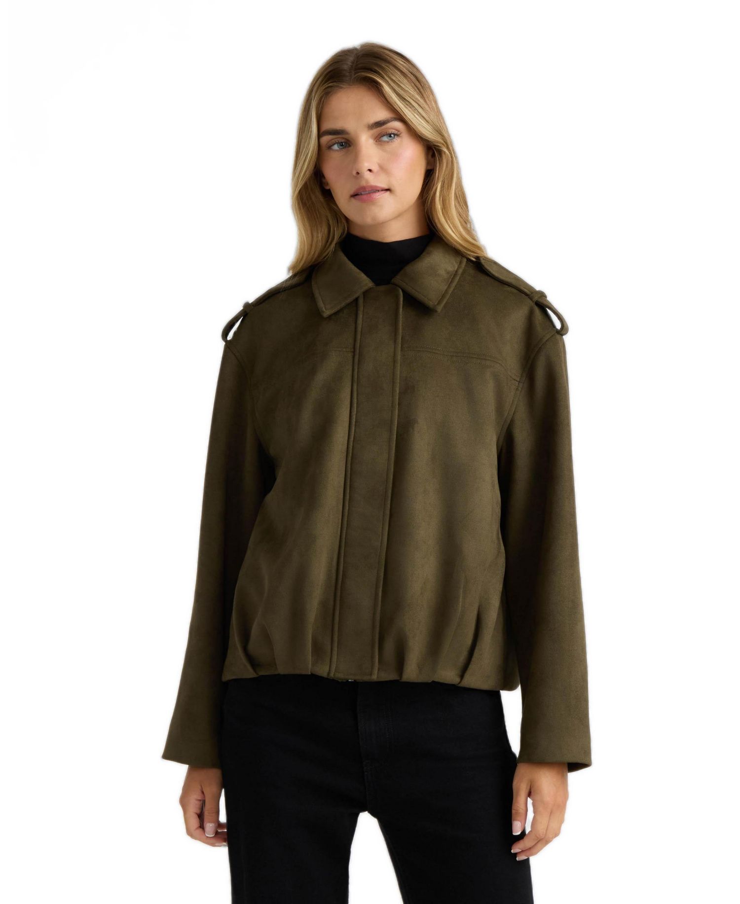 Women's Faux-Suede Pleated Shirt-Collar Bomber Jacket