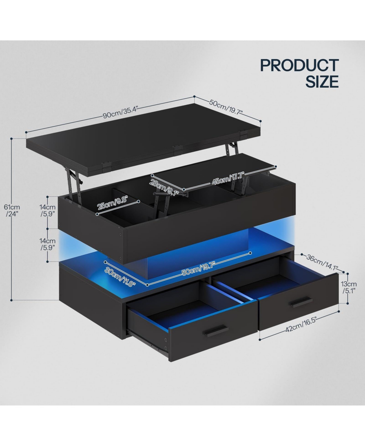 Slickblue Modern Lift Top Coffee Table with Led Light, Open Shelves and Hidden Storage