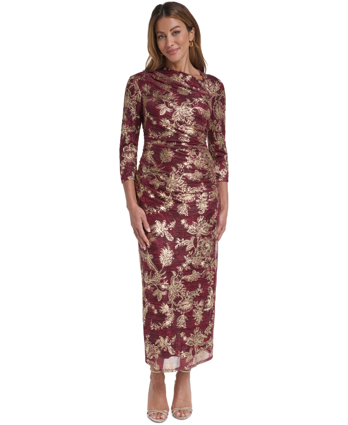 Vince Camuto Women's Off the Shoulder Metallic Crinkle Knit Bodycon Midi Dress
