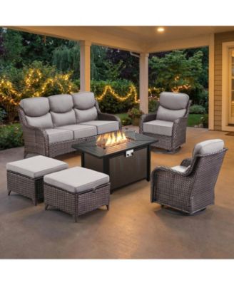 6-Piece Patio Set with High-Back Swivel Chairs, 6 Cushions, Fire Pit Table, and Ottomans