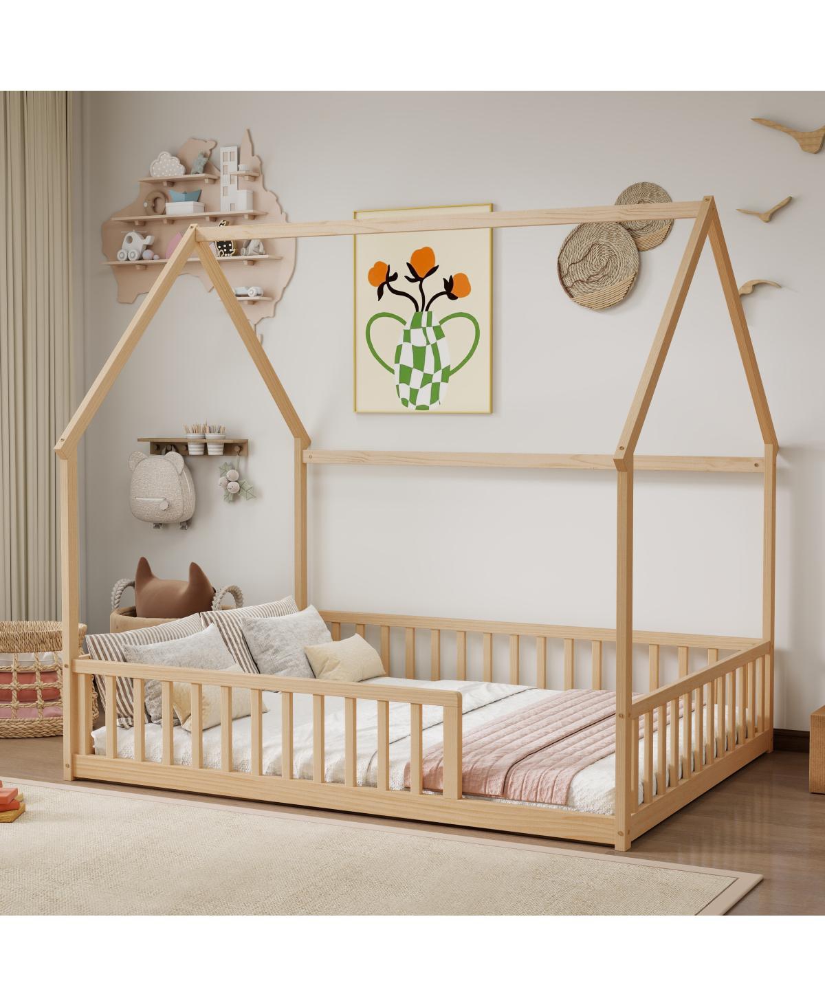 Streamdale Furniture Full Size House Floor Bed with Roof and Safety Guardrails
