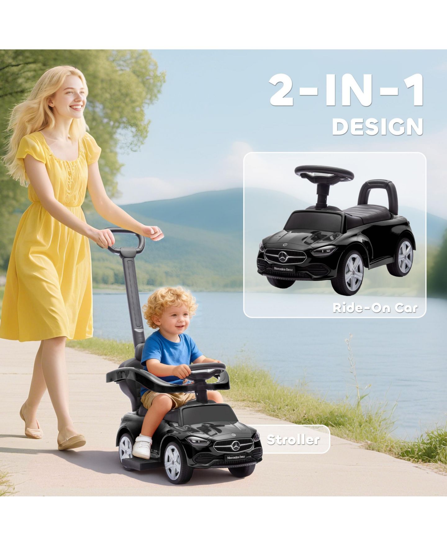 Детская игрушка Qaba Mercedes-Benz C-Class 2-in-1 Ride-On Car with Under-Seat Storage, 55 lbs, Ages 1.5-3, цвет: Чёрный — фото 4