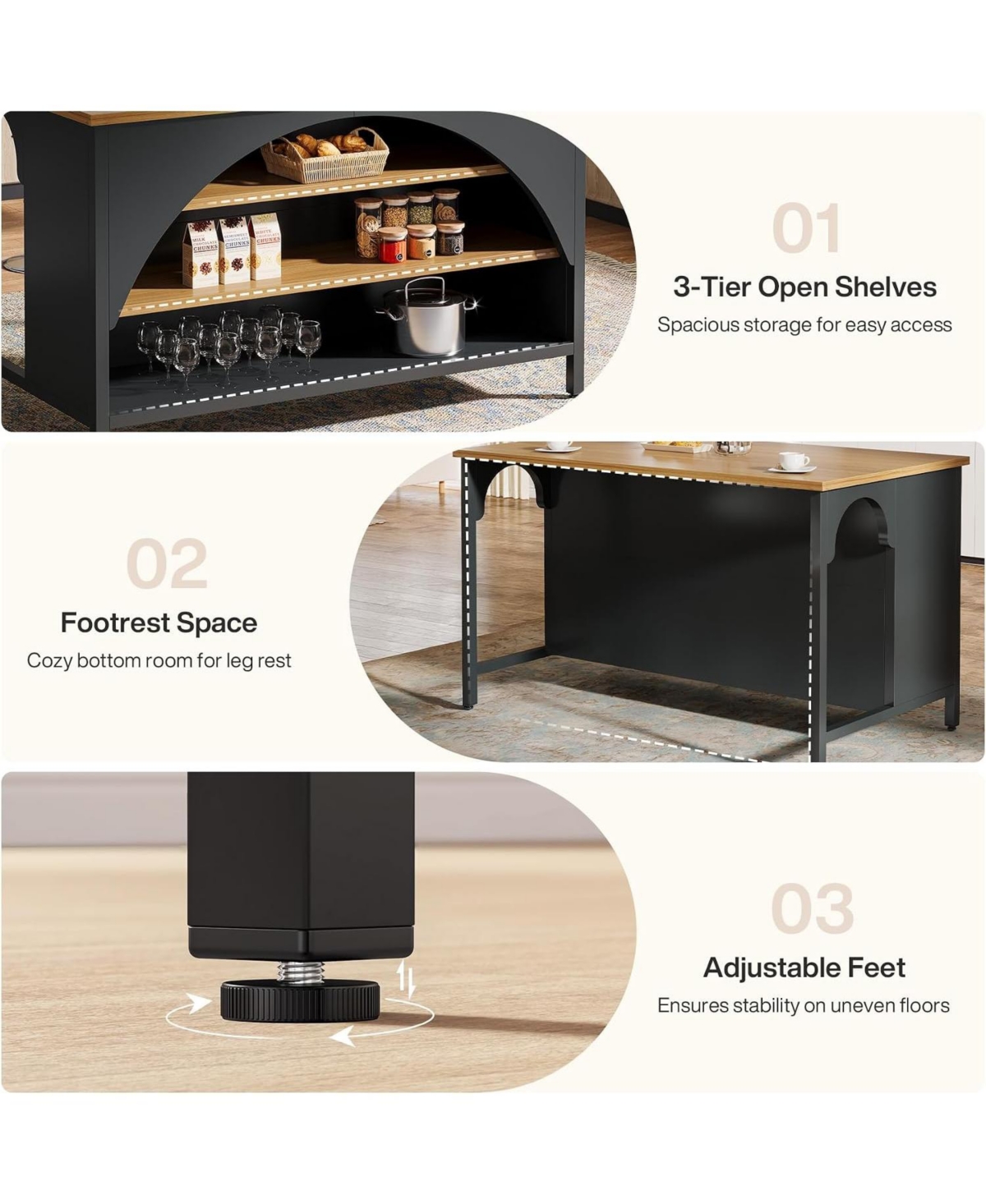 Tribesigns 55" Kitchen Island with 3 Shelves and Seating