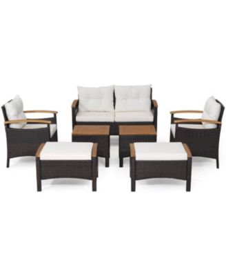 7 Piece Rattan Patio Sofa Set with Acacia Wood Tabletop and Armrests