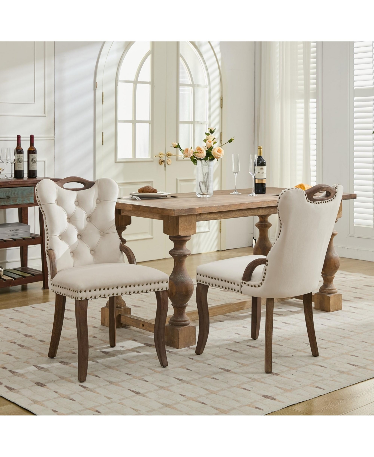 Flynama Set of 2 Hand Tufted Velvet Dining Chairs, Solid Wood Handles Vintage Copper Nail Curved Wood Legs