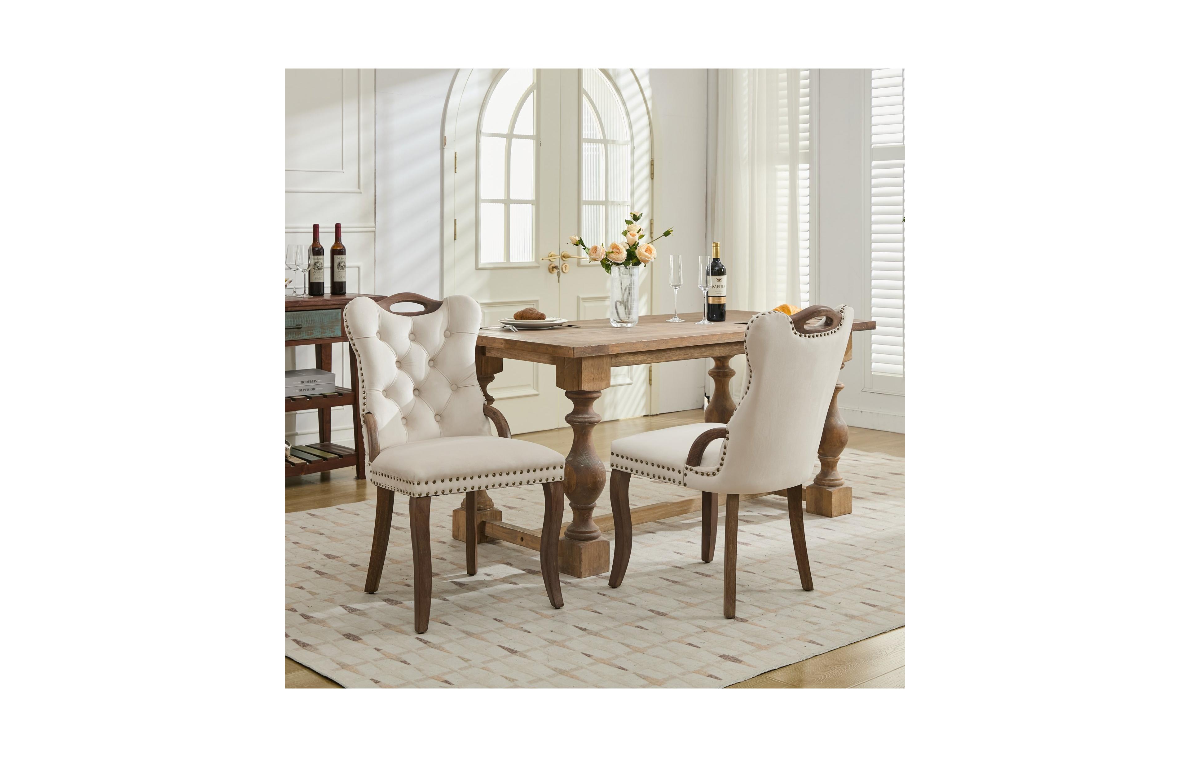 Flynama Set of 2 Hand Tufted Velvet Dining Chairs, Solid Wood Handles Vintage Copper Nail Curved Wood Legs
