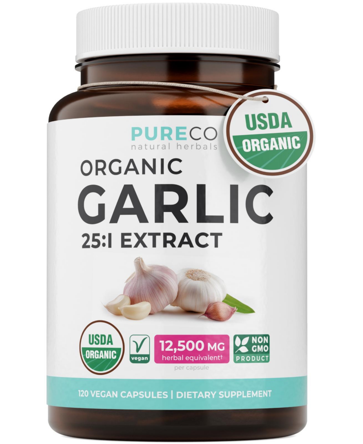 Pure Co Garlic Extract Capsules, 25:1 Garlic Extract, 12,500 Milligram Herbal Equivalent, 120 Capsules