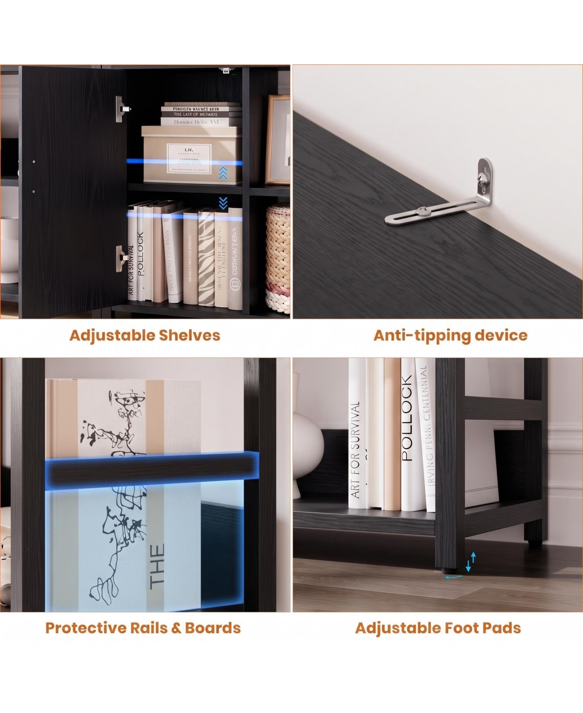 homfan 5 Tier Bookshelf with Doors, 71.1" Industrial Standing Shelf Metal Frame, Bookcase Adjustable and Rails for Living Room, Office