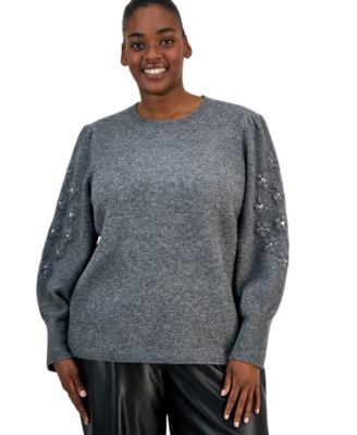 Plus Size Puff-Sleeve Sequin-Flowers Crewneck Sweater