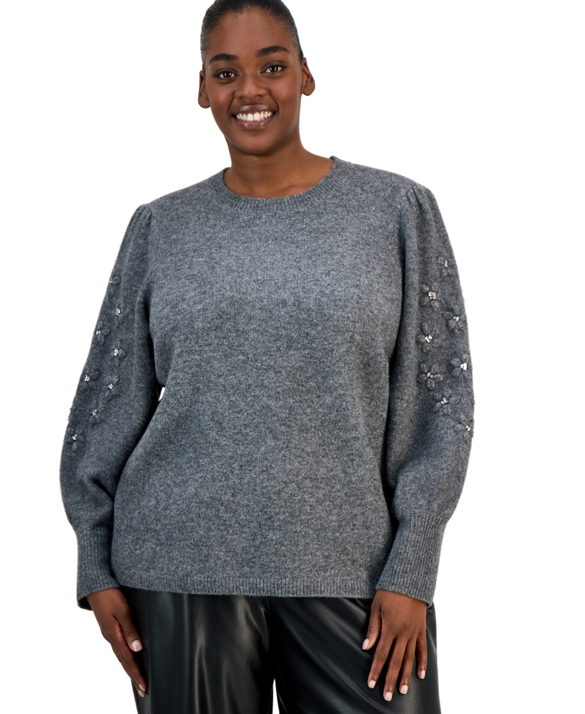 Anne Klein Plus Size Puff-Sleeve Sequin-Flowers Crewneck Sweater - Medium Heather Grey