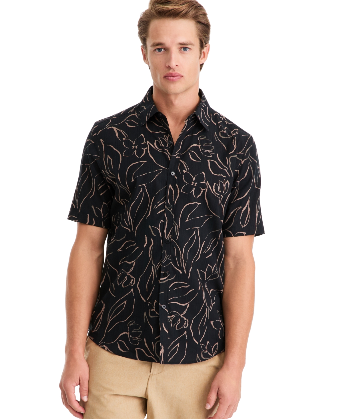 Alfani Men's Floral-Print Short-Sleeve Point Collar Shirt, Macy's Exclusive - Lined Leaves - Cc07deep Black