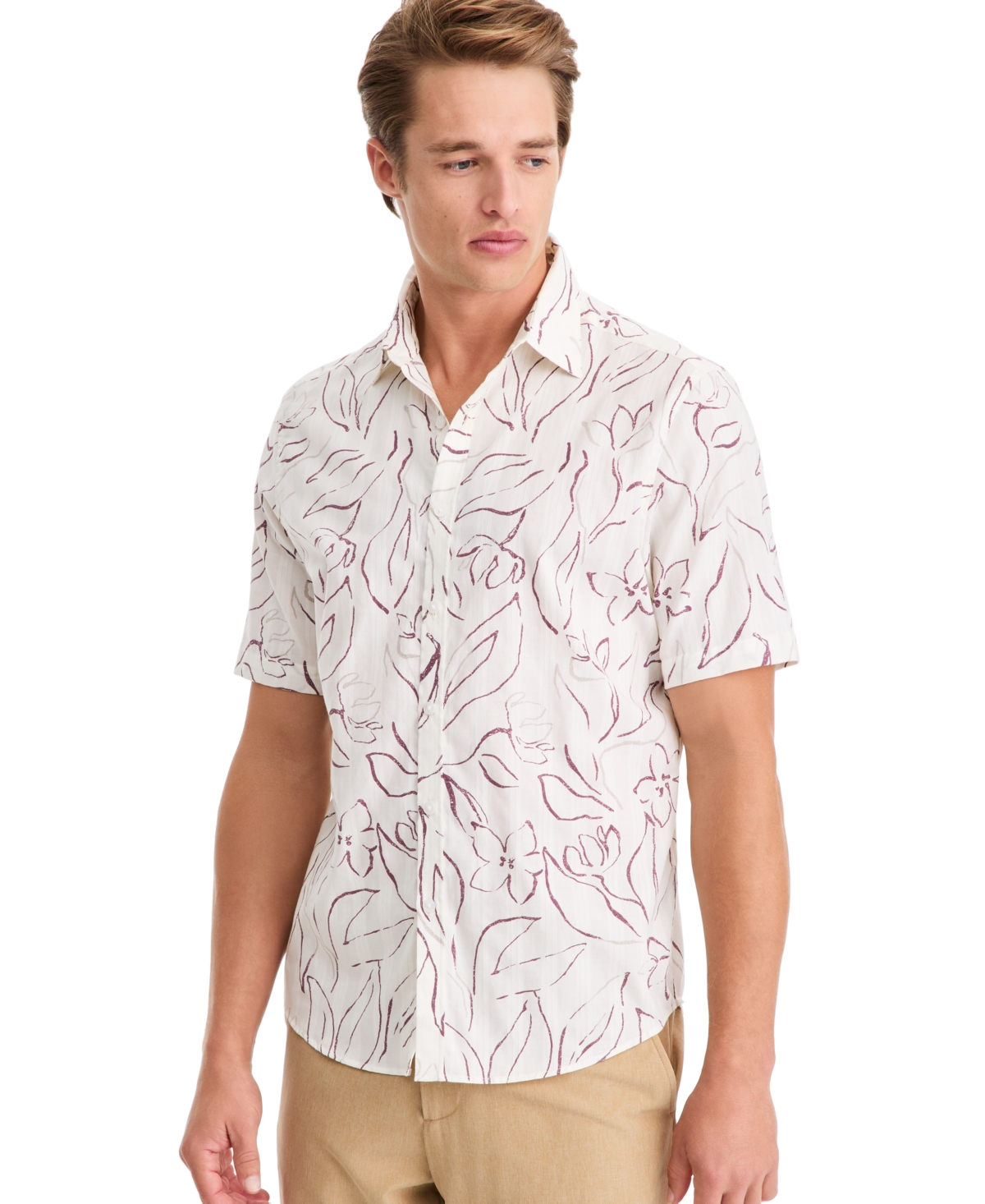 Alfani Men's Floral-Print Short-Sleeve Point Collar Shirt, Macy's Exclusive - Lined Leaves - Winter Ivory