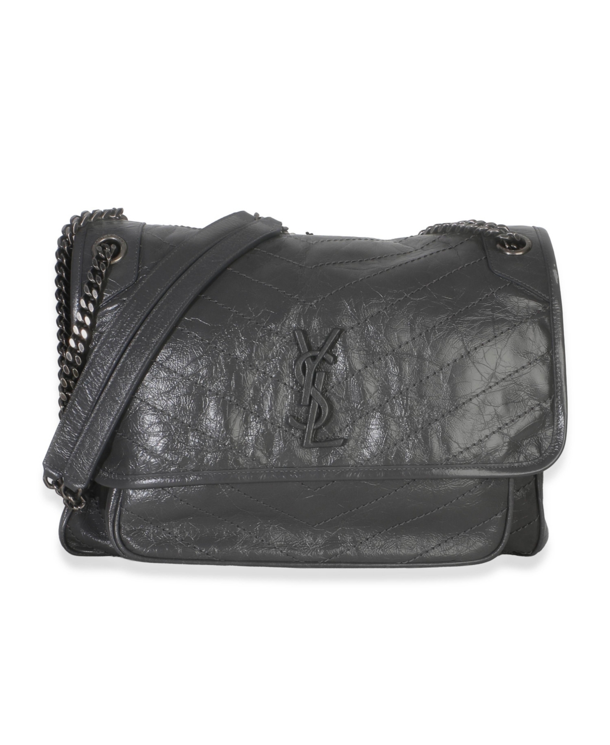 Pre-Owned Saint Laurent Grey Crinkled Calfskin Matelasse Large Niki Chain Satchel - Grey