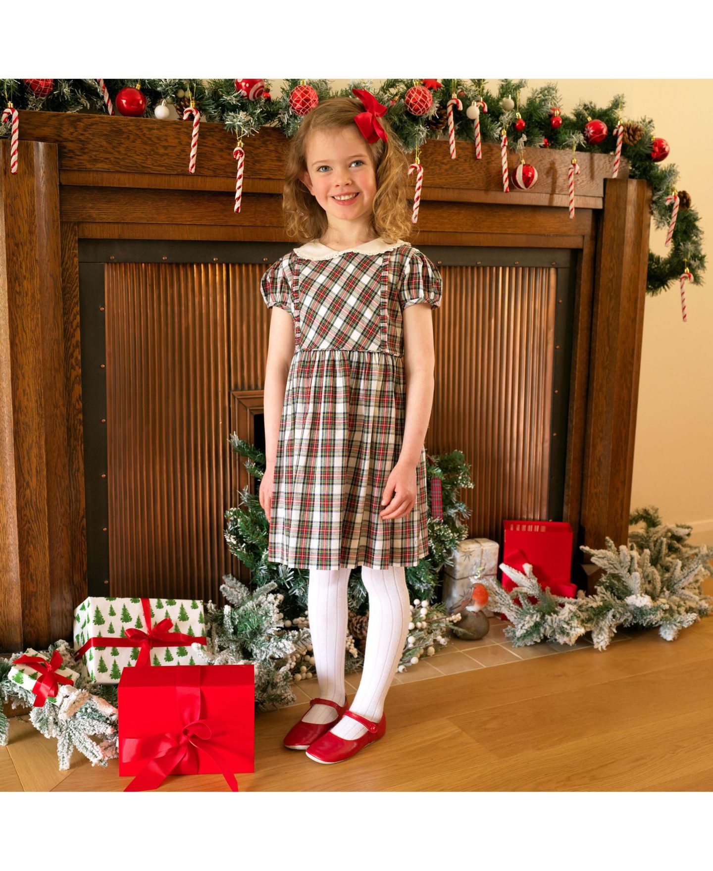 Платье Rachel Riley Ivory Tartan Frill Front Dress для девочек, цвет: Красный — фото 3