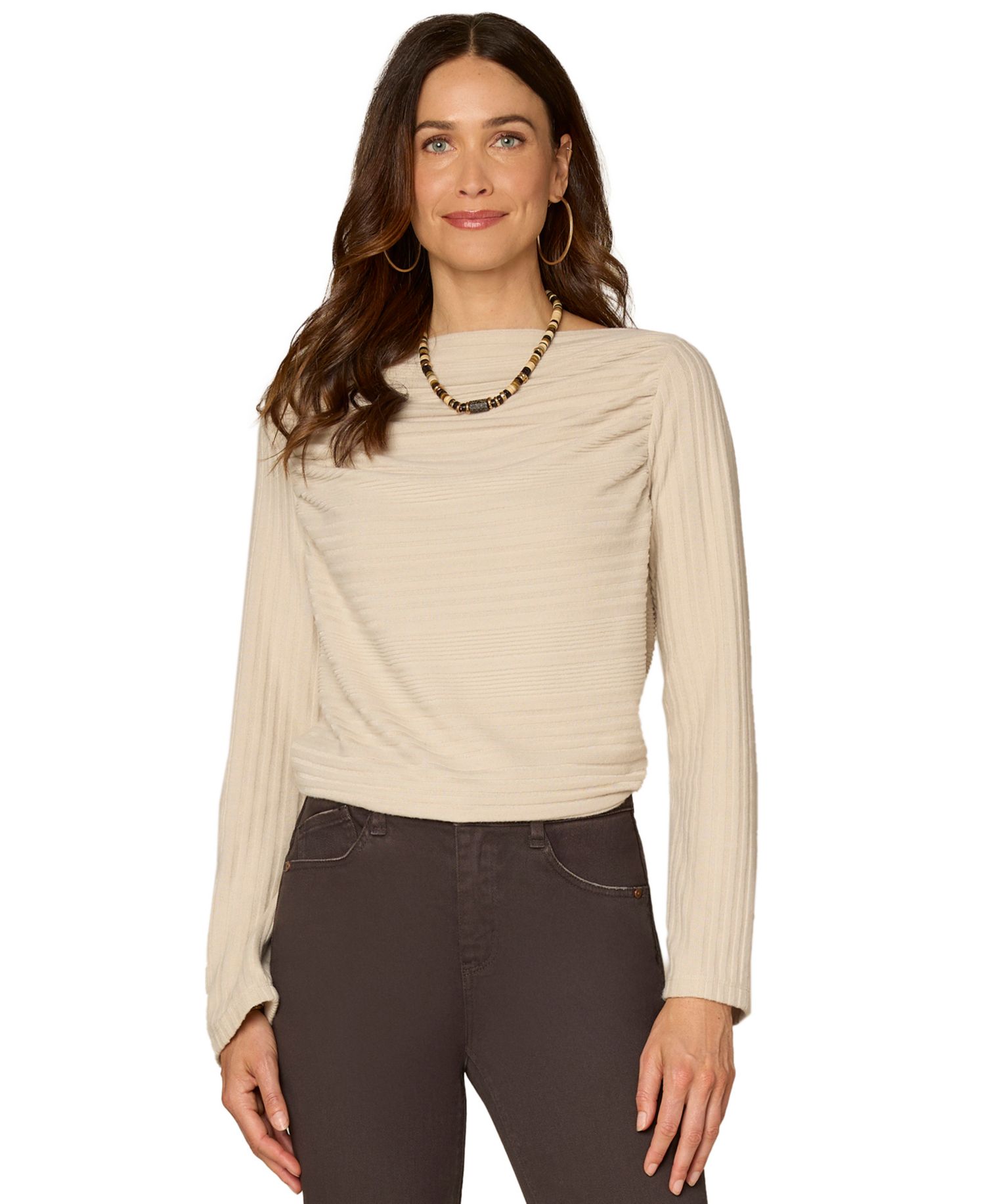 Women's Long-Sleeve Draped Boat Neck Blouse