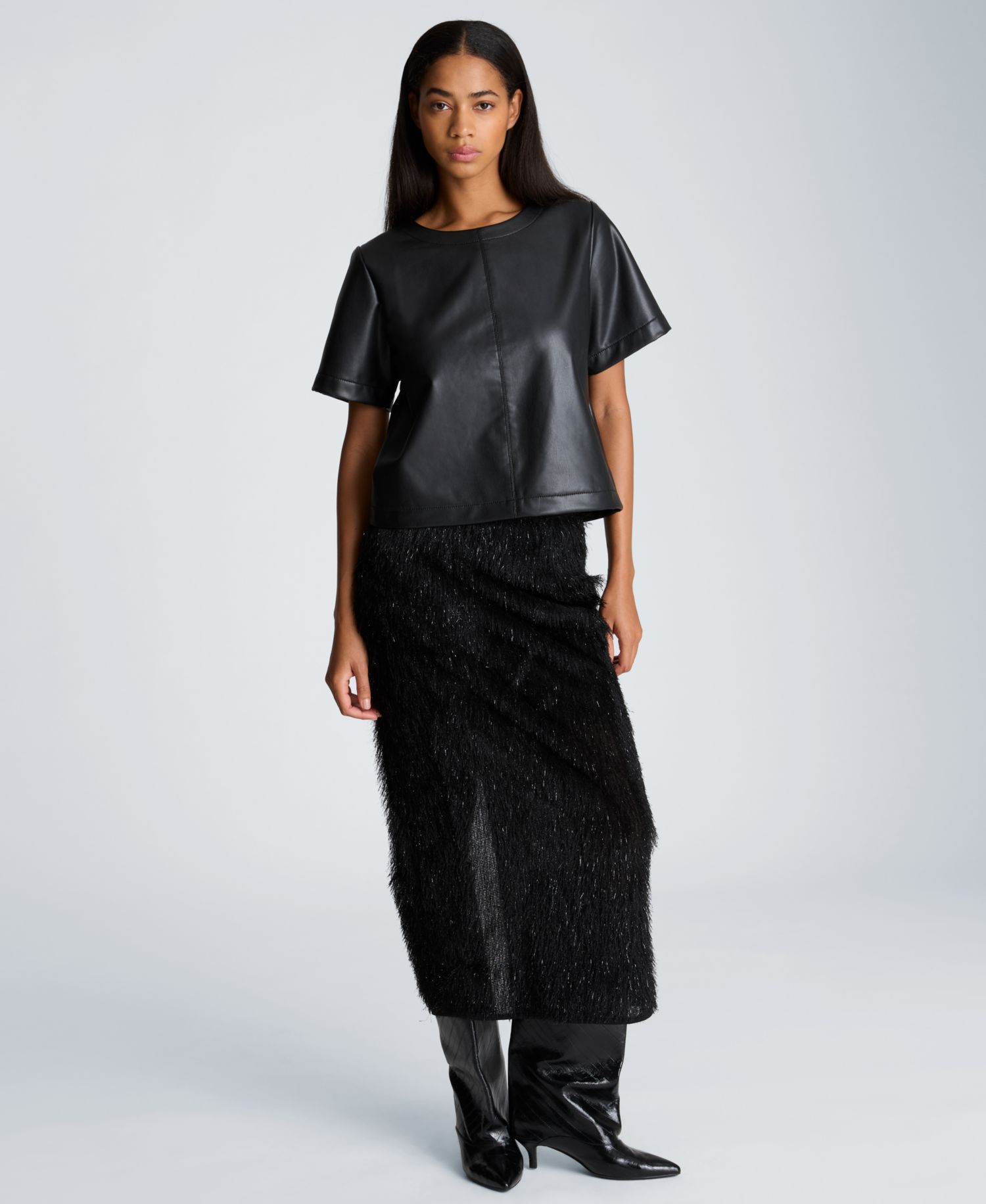 Women's Faux Leather Short Sleeve Crop T-Shirt