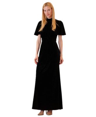 Women's Short-Sleeve Velvet Long Dress with Ruched Waist