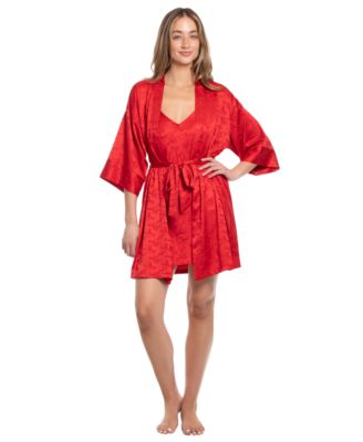 Women's Satin Bow Jacquard Chemise and Wrapper, 2-Piece Set