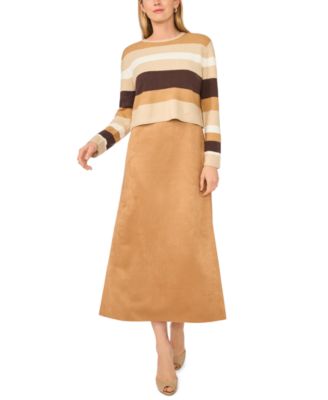 Women's Long-Sleeve A-Line Midi Striped Faux Suede Dress and Sweater, 2-Piece Set