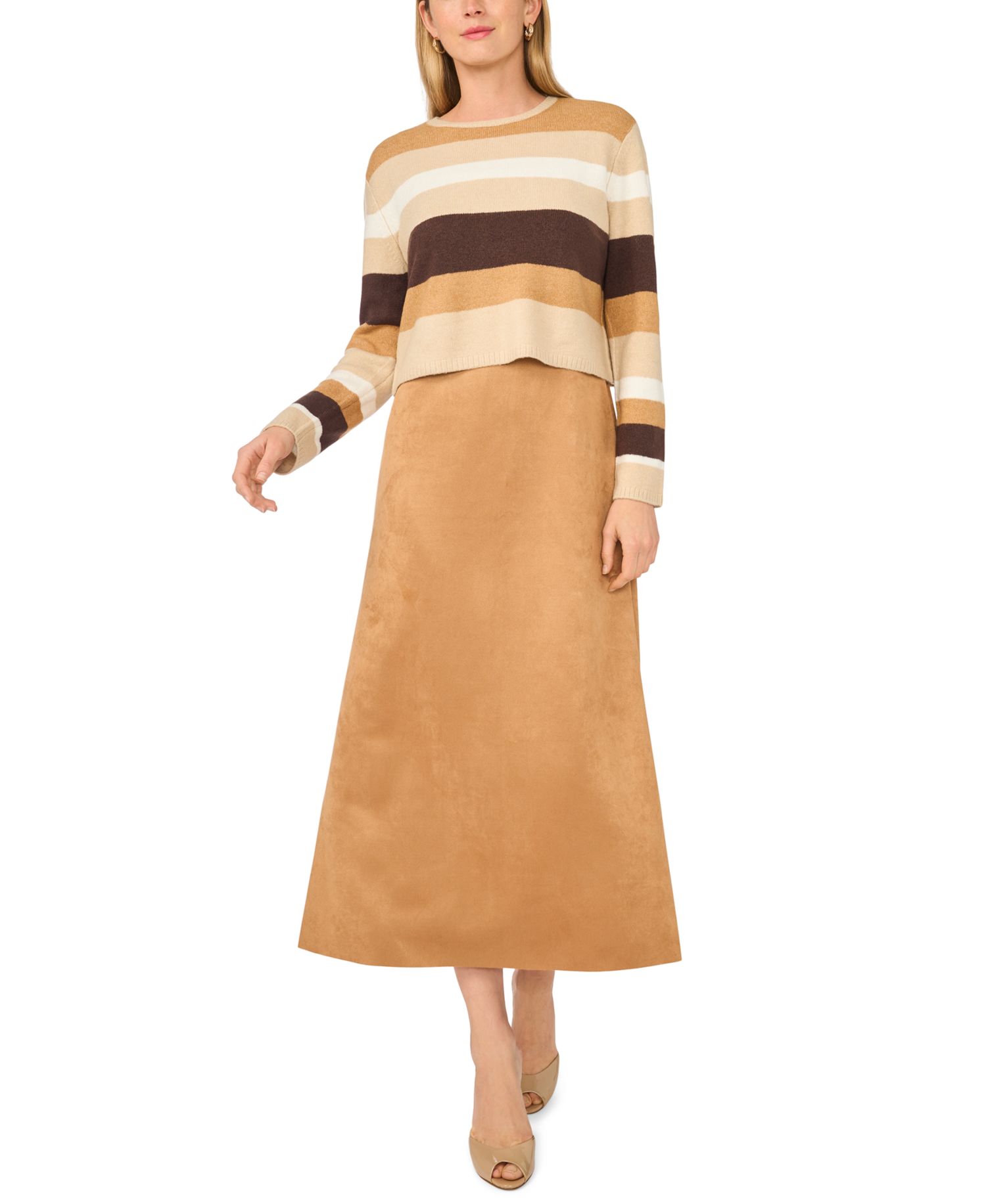 Women's Long-Sleeve A-Line Midi Striped Faux Suede Dress and Sweater, 2-Piece Set