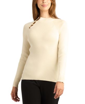 Juniors' Ribbed Mock Neck Long-Sleeve Rayon-Blend Sweater