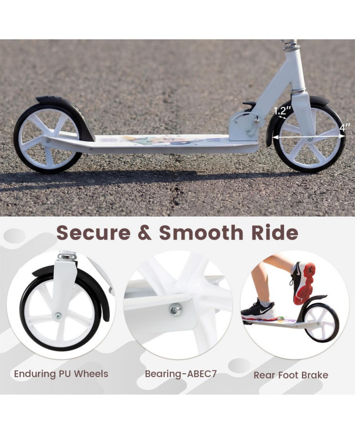 Детская игрушка SUGIFT Folding Aluminum Kick Scooter with Adjustable Height, 220 lb Capacity, Ages 8+, цвет: Белый — фото 8