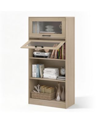 4-Tier Tall Bookcase With Flip-up Door's With Storage Cabinets and Open Compartments