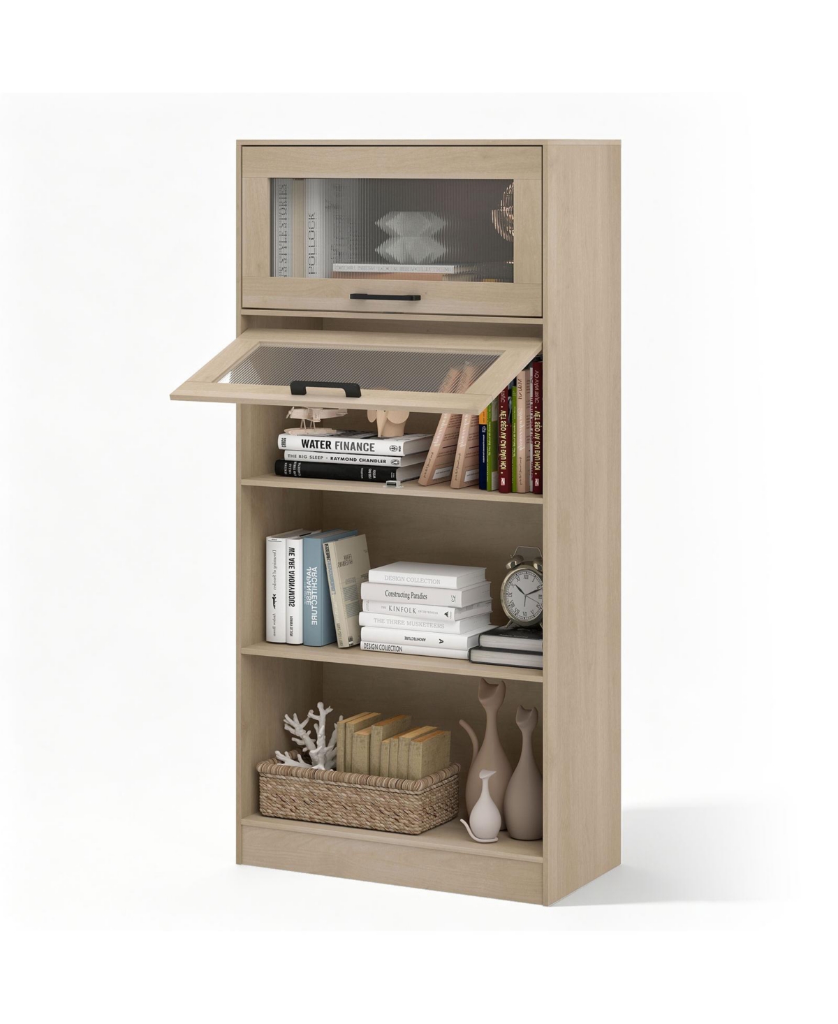 Gymax 4-Tier Tall Bookcase With Flip-up Door's With Storage Cabinets and Open Compartments