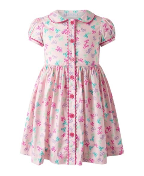 Платье Rachel Riley Bow-Print Puff-Sleeve Peter Pan Collar Dress для девочек-малышей, цвет: Розовый