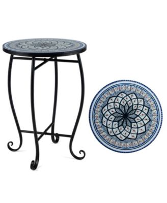 14-Inch Round Mosaic Patio Accent Table with Metal X-Base