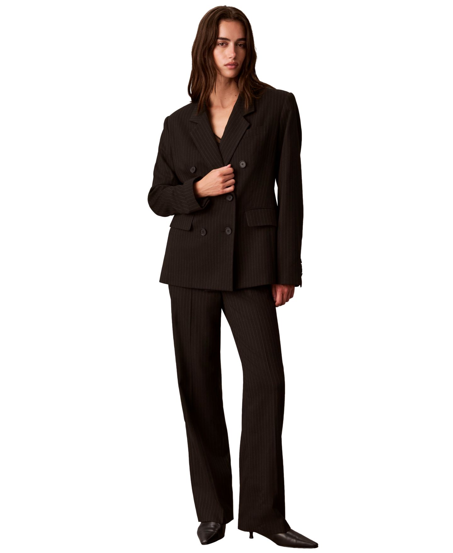 Женский пиджак Calvin Klein Double-Breasted Pinstripe Notch Collar Blazer, цвет: Чёрный / Седельно-коричневый — фото 2